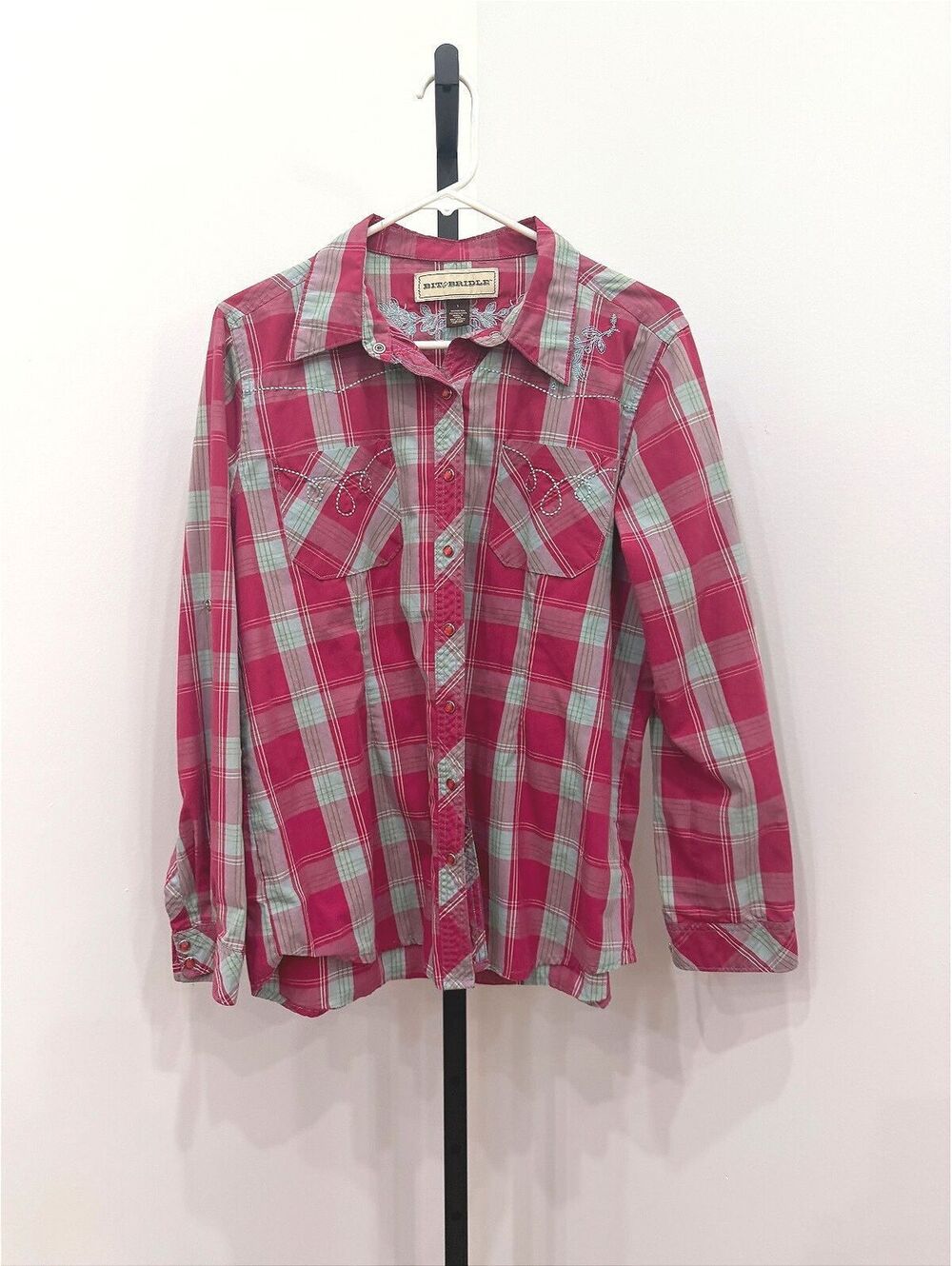 Bit & Bridle Women's Red Plaid Embroidered Button-Up Shirt Large